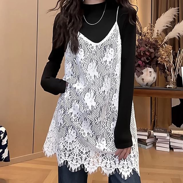 Spaghetti Strap V-Neck Plain Sheer Lace Mini A-Line Dress