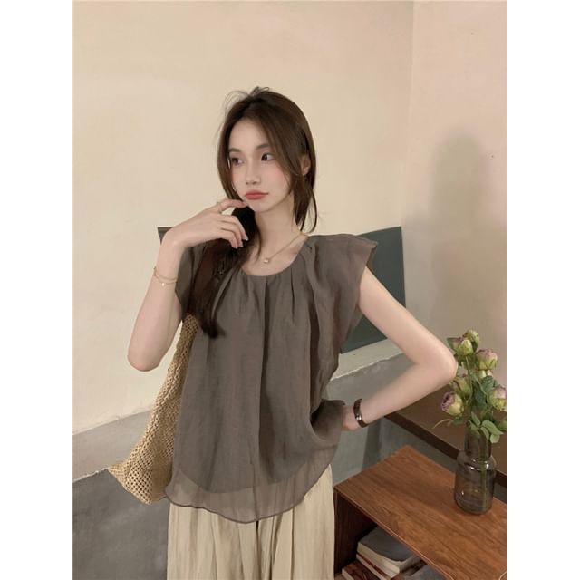 Flowy U-Neck Blouse with Cap Sleeves