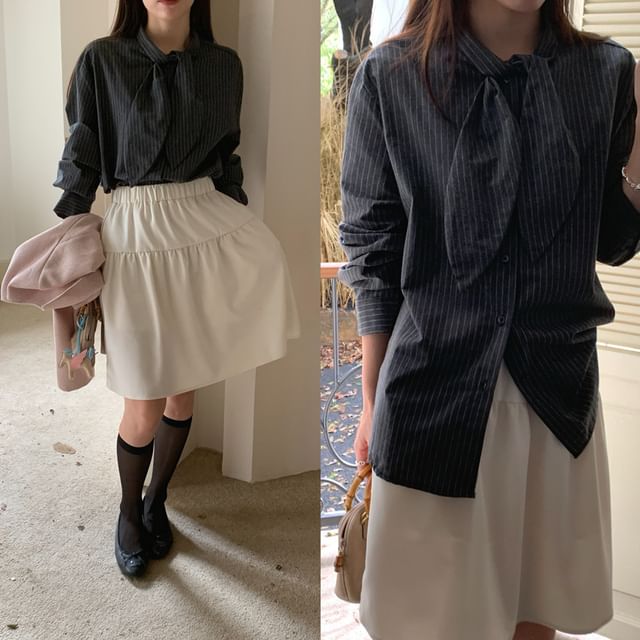 Pinstripe Tie Neck Shirt with Long Sleeves