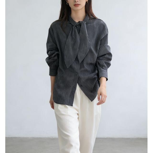 Pinstripe Tie Neck Shirt with Long Sleeves