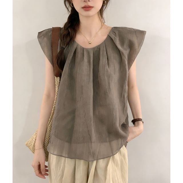 Flowy U-Neck Blouse with Cap Sleeves