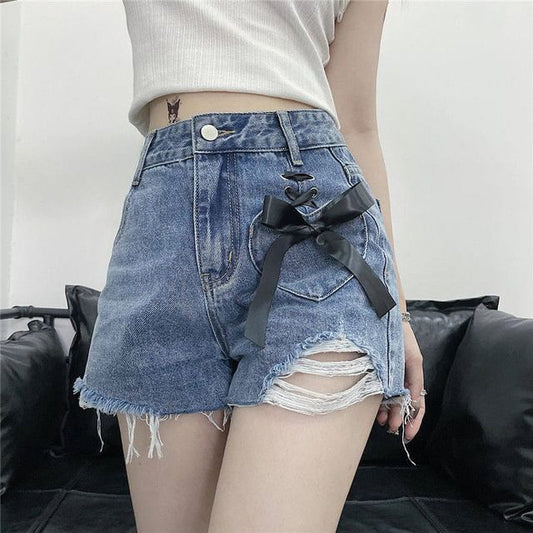 High Waist Washed Distressed Lace-Up Denim Hot Pants