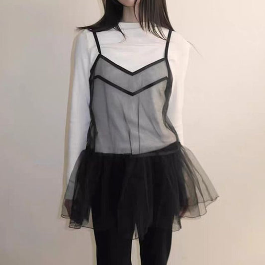 Spaghetti Strap V-Neck Mesh Mini A-Line Overall Dress