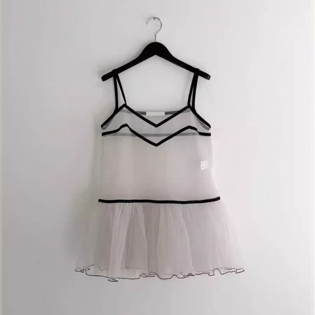 Spaghetti Strap V-Neck Mesh Mini A-Line Overall Dress