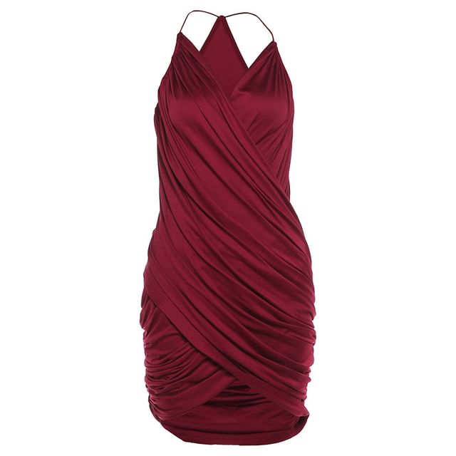Spaghetti Strap V-Neck Plain Wrap Ruched Mini Bodycon Dress