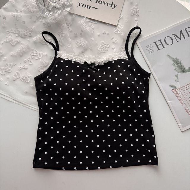 Dotted Lace Trim Scoop Neck Fitted Camisole