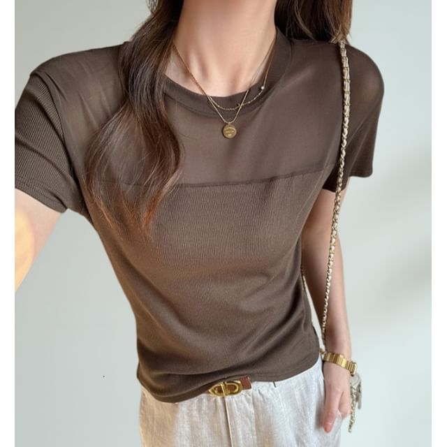 Short Sleeve Round Neck Paneled Fitted Top