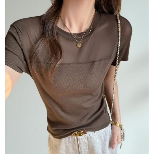 Short Sleeve Round Neck Paneled Fitted Top