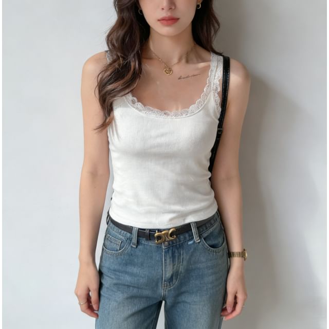 Lace Trim Scoop Neck Fitted Ribbed Sleeveless Blouse