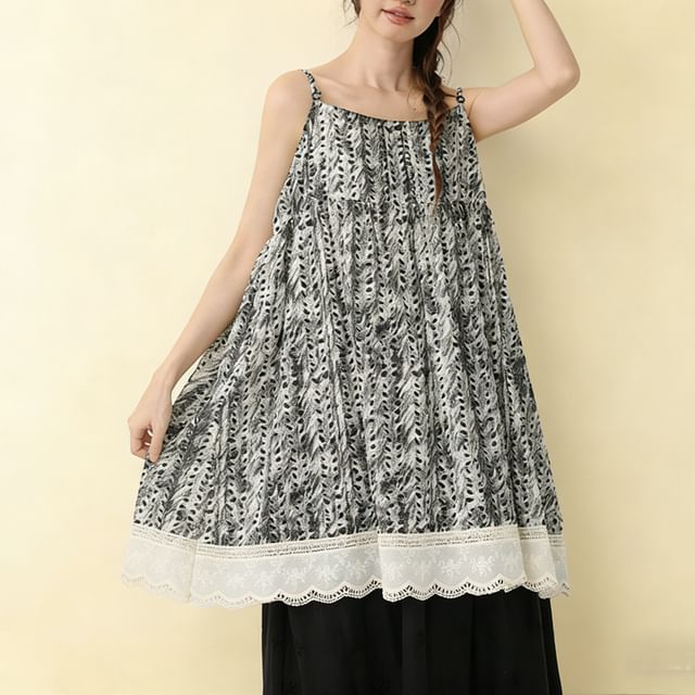 Spaghetti Strap Tie Dye Lace Panel Overall Dress