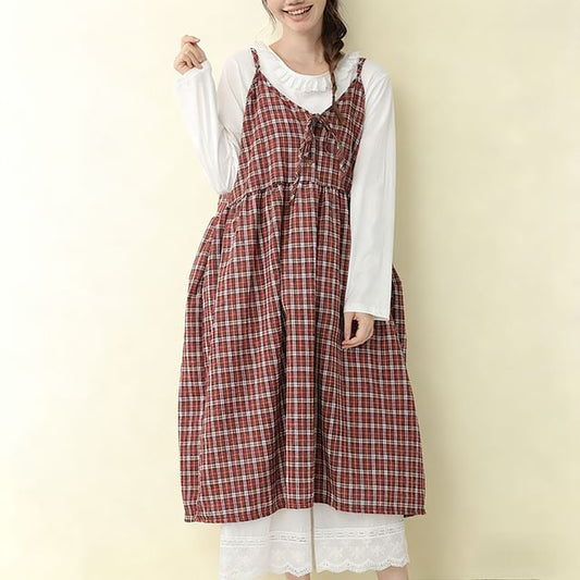 Spaghetti Strap V-Neck Plaid Tie Front Midi Overall Dress