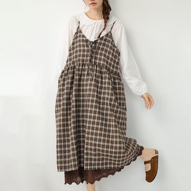 Spaghetti Strap V-Neck Plaid Tie Front Midi Overall Dress
