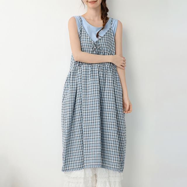 Spaghetti Strap V-Neck Plaid Tie Front Midi Overall Dress