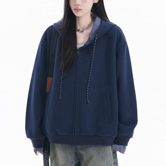 Checkered Zip-Up Hooded Jacket with Contrast Panels