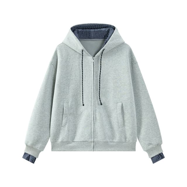 Checkered Zip-Up Hooded Jacket with Contrast Panels