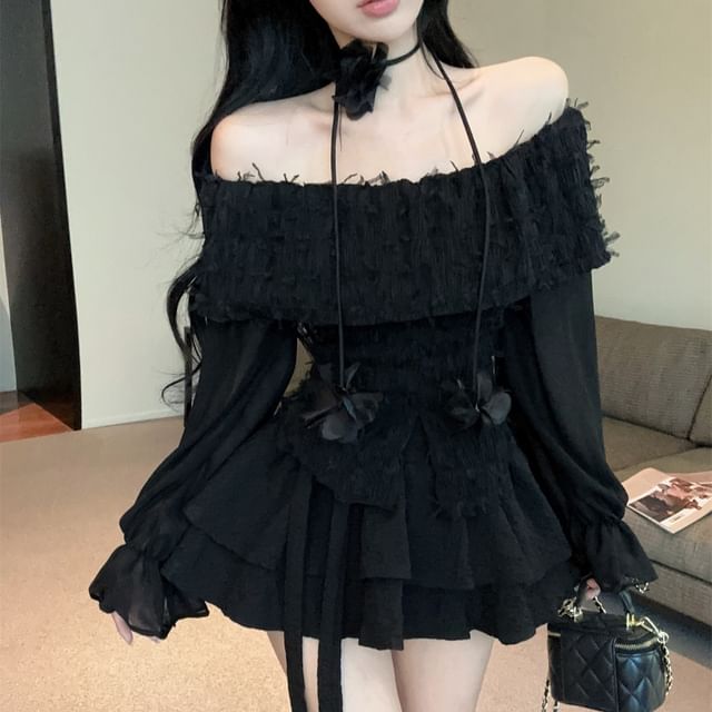 Off Shoulder Lace Top and Tiered Mini Skirt Set
