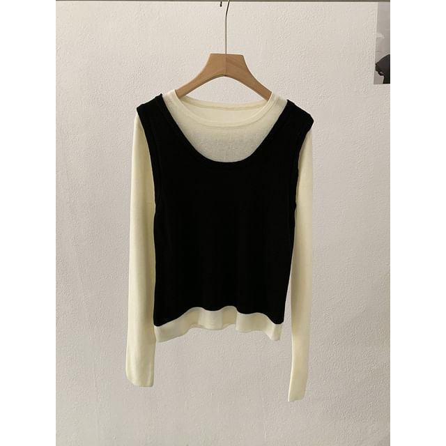 Two-Tone Knit Top with Mock Two-Piece Design