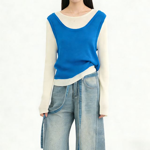 Two-Tone Knit Top with Mock Two-Piece Design