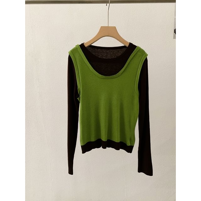 Two-Tone Knit Top with Mock Two-Piece Design