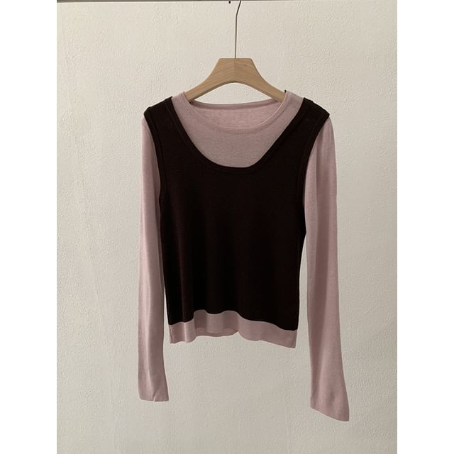 Two-Tone Knit Top with Mock Two-Piece Design