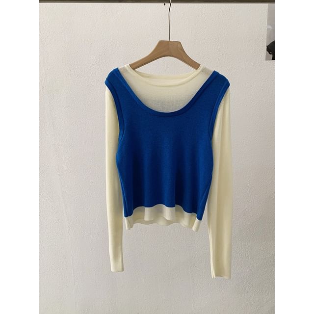 Two-Tone Knit Top with Mock Two-Piece Design
