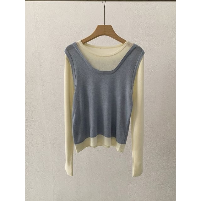 Two-Tone Knit Top with Mock Two-Piece Design