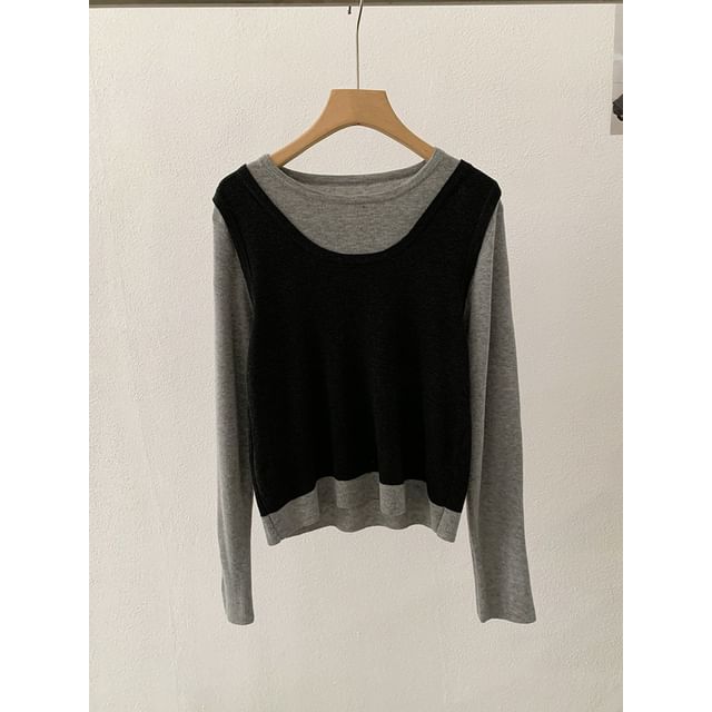 Two-Tone Knit Top with Mock Two-Piece Design