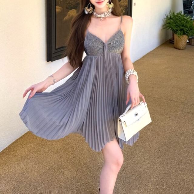 Spaghetti Strap V-Neck Rhinestone Accent Accordion Pleated Open Back Mini A-Line Dress
