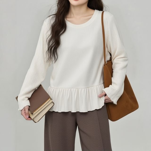 Ruffle Round Neck Top with Long Sleeves
