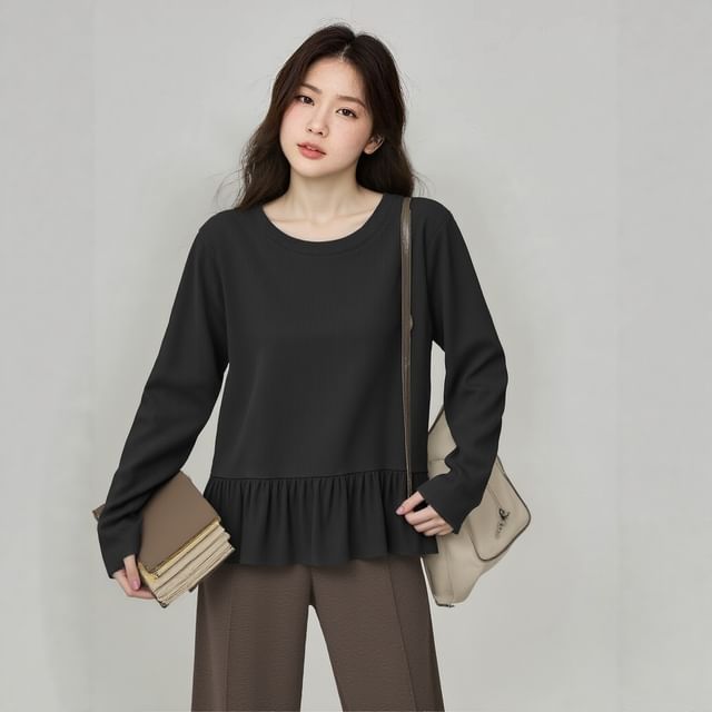 Ruffle Round Neck Top with Long Sleeves