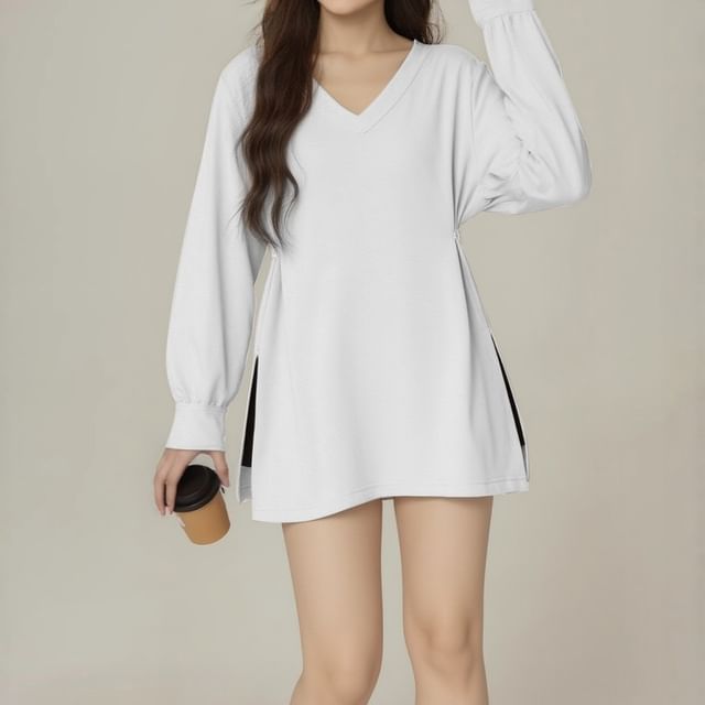 V-Neck Slit Tee with Long Sleeves