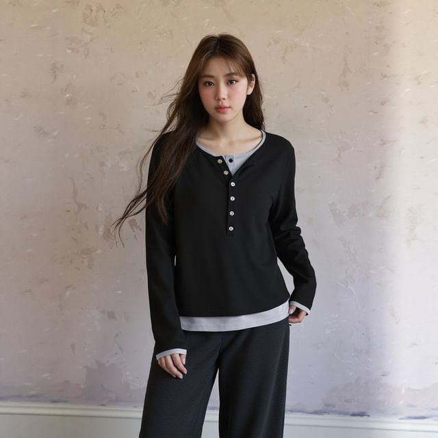 Mock Two-Piece Henley Tee with Long Sleeves
