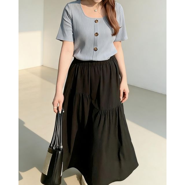 Square Neck Ribbed Top and Gathered A-Line Midi Skirt