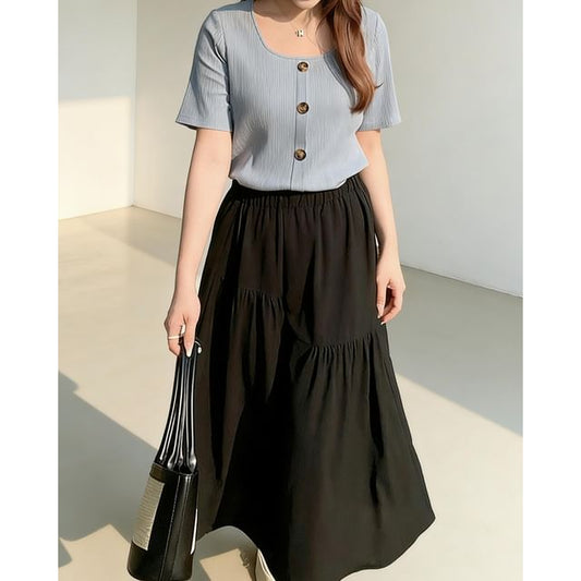 Square Neck Ribbed Top and Gathered A-Line Midi Skirt