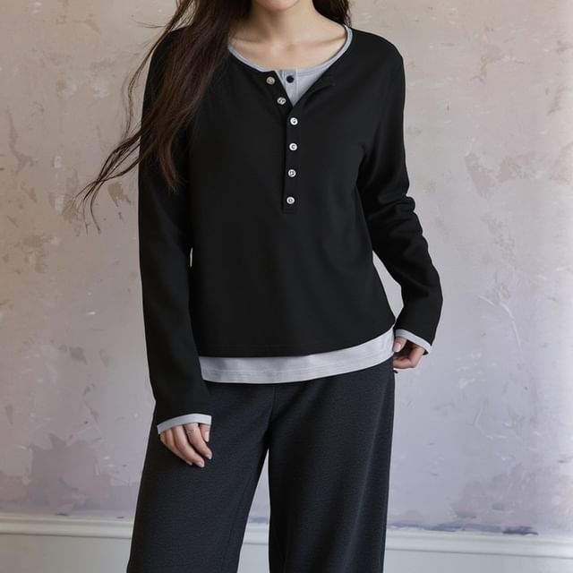Mock Two-Piece Henley Tee with Long Sleeves