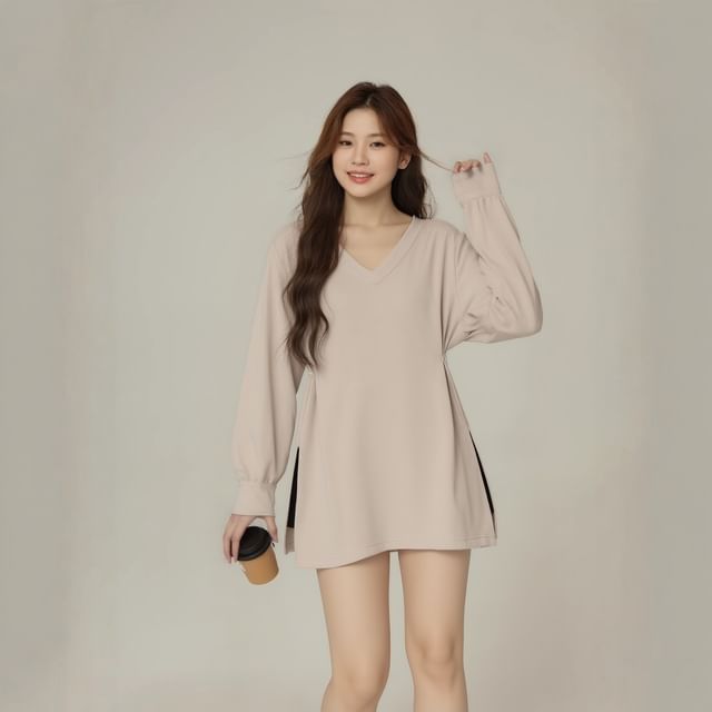 V-Neck Slit Tee with Long Sleeves