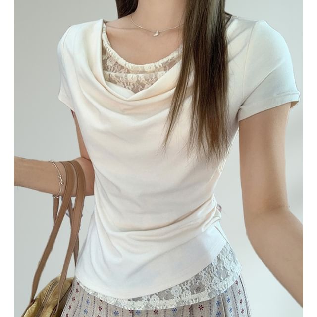 Short Sleeve Cowl Neck Lace Panel Slim-Fit Top