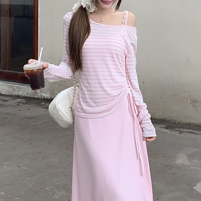 Long-Sleeve Off Shoulder Striped T-Shirt / Spaghetti Strap Maxi A-Line Dress