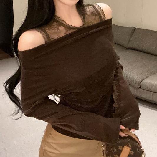 Cold Shoulder Velvet Top with Lace Panel