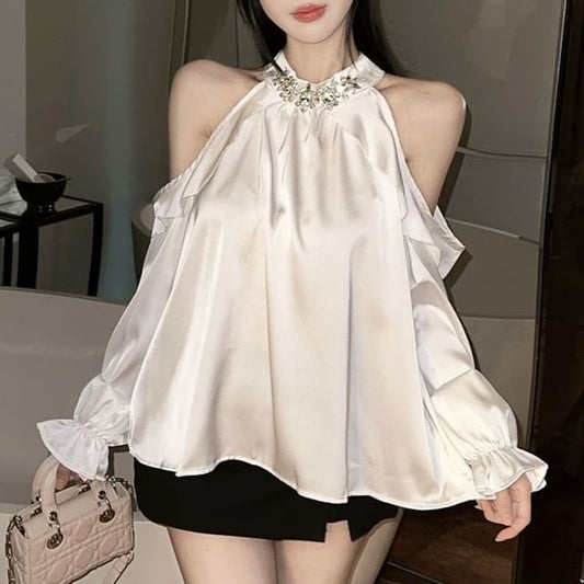 Rhinestone Cold Shoulder Crewneck Long Sleeve Blouse