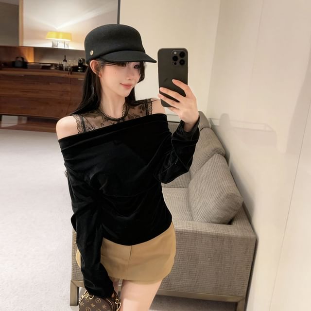 Velvet Lace Panel Cold Shoulder Long Sleeve Top