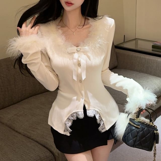 Furry Trim Crop V-Neck Long Sleeve Top