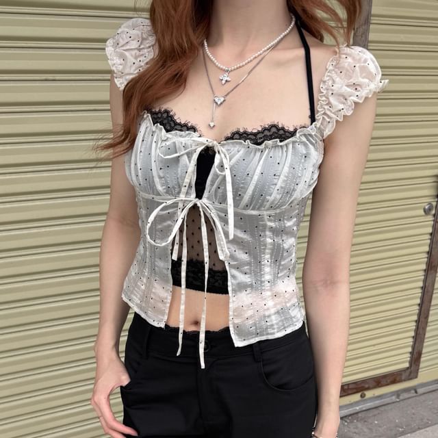 Dotted Ruched Tie Front Camisole Top with Halter Panel Lace Bra Top