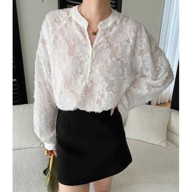 Long Sleeve Stand Collar Lace Overhead Shirt