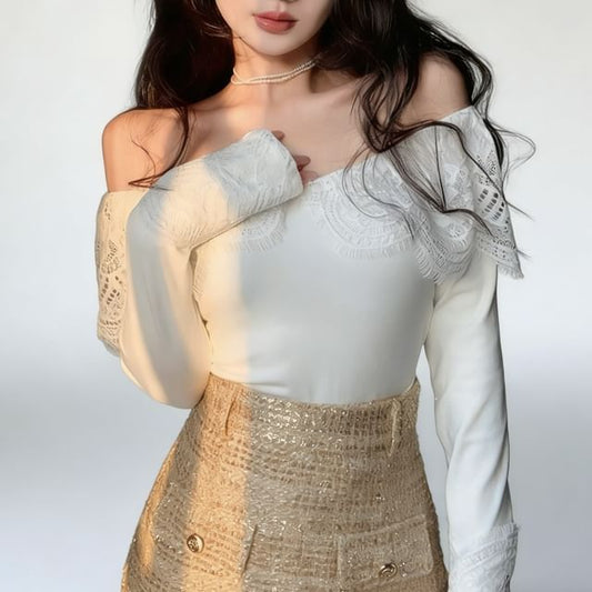 Off Shoulder Lace Panel Top Long Sleeve