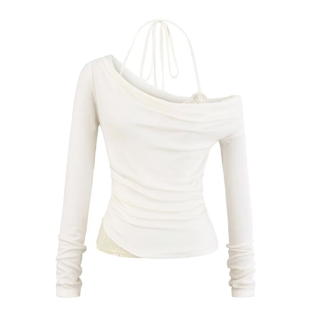 Mock Two Piece Cold Shoulder Long Sleeve Lace Panel Crop Top
