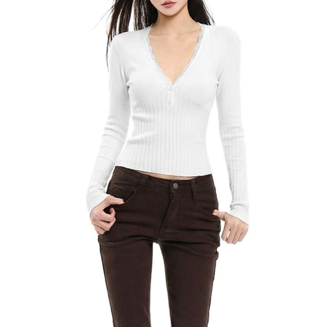 V-Neck Ribbed Knit Top with Lace Trim Sleeves
