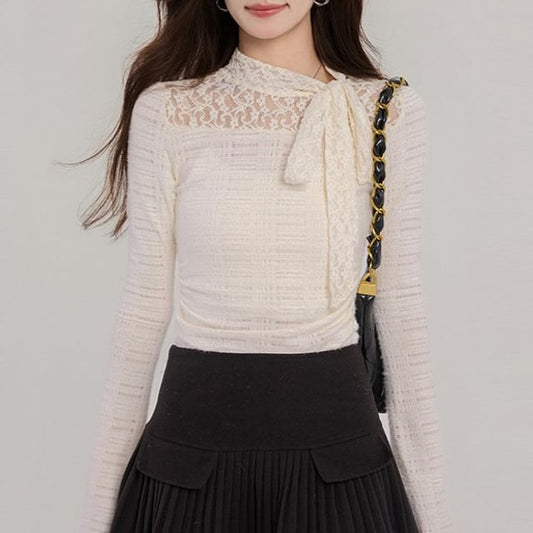 Mock Neck Lace Panel Ruched Long-Sleeve Top