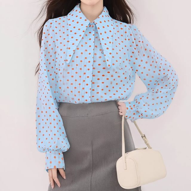 Polka Dot Pointed Collar Long-Sleeve Blouse