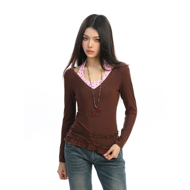 Halter Neck Polka Dot Frill Trim Long-Sleeve Tee